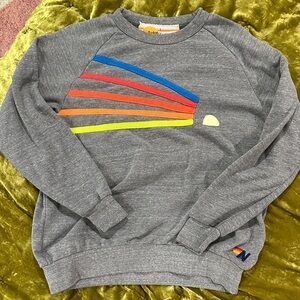 Aviator Nation Gray Crewneck with Rainbow Stripes